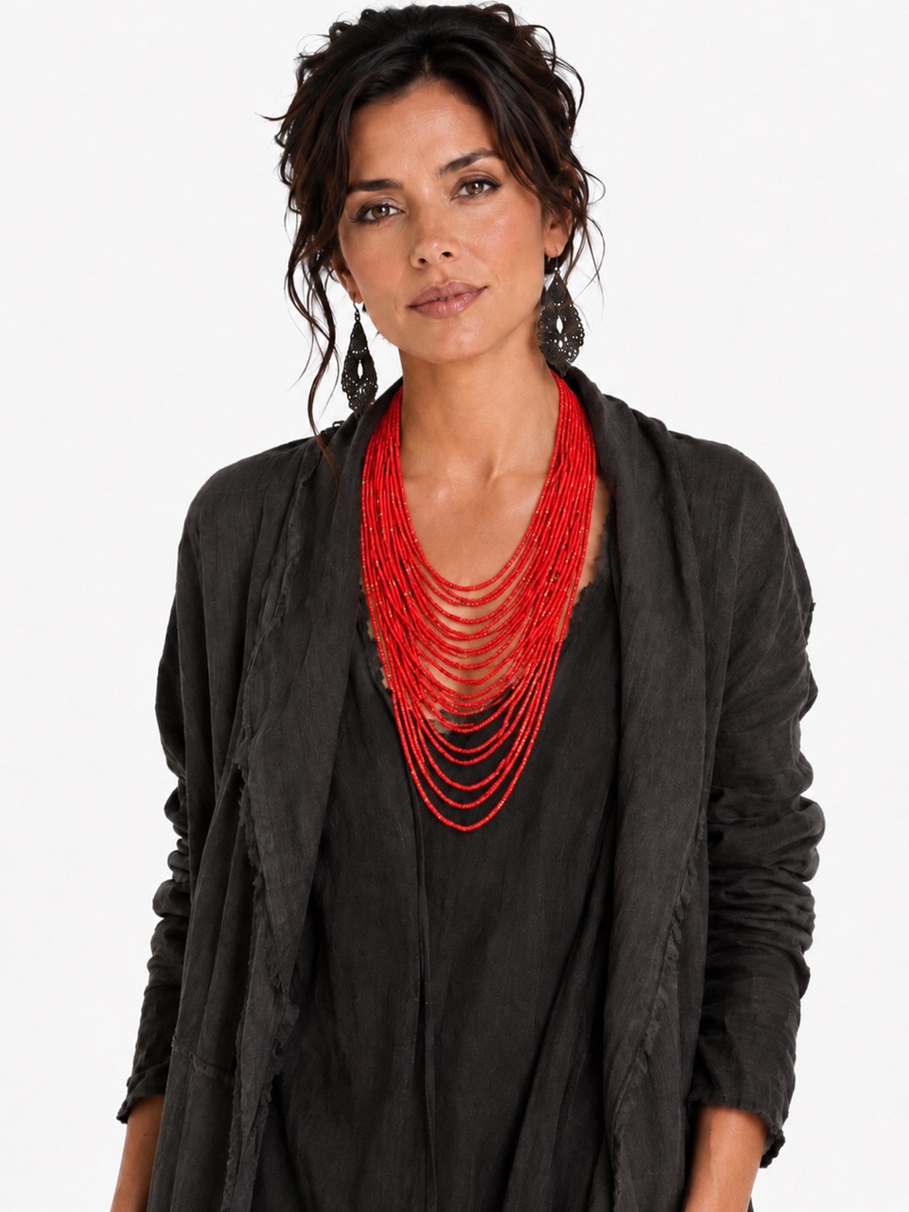 Handmade Artisan Red & Gold Seed Bead Layered Necklace With‎ Crocheted Closure